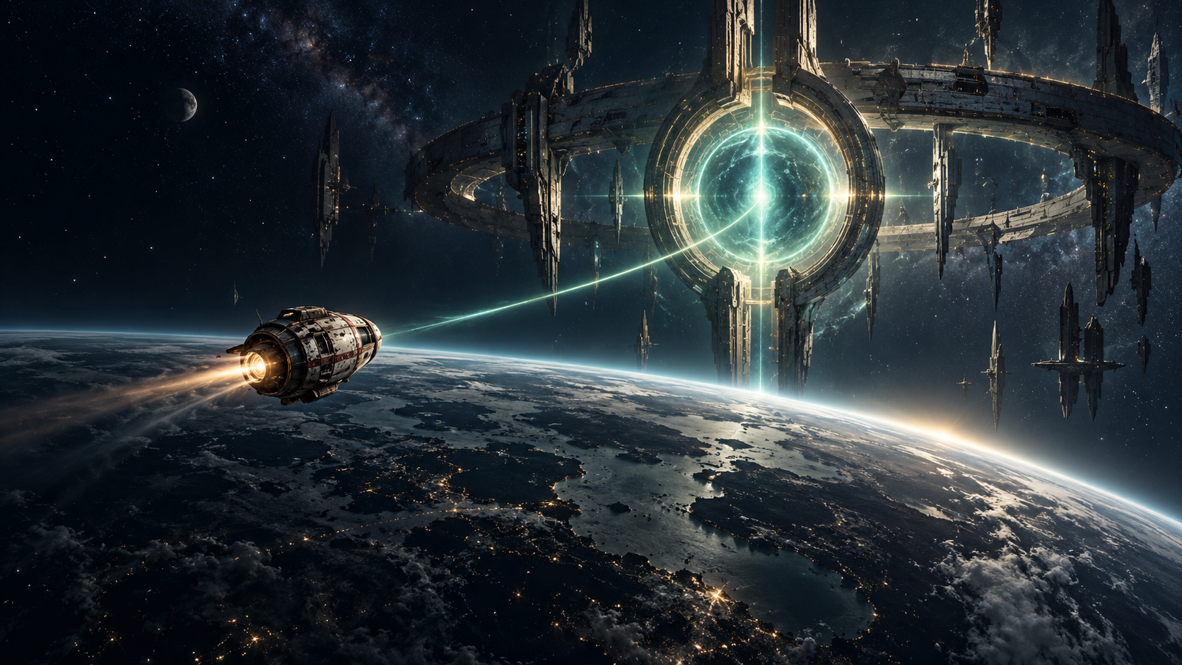 A small escape pod approaches a luminous orbital ring above a dark planet.